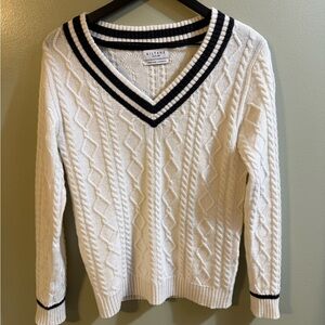 Women's Ivory Cable Knit cashmere Sweater with Black Trim